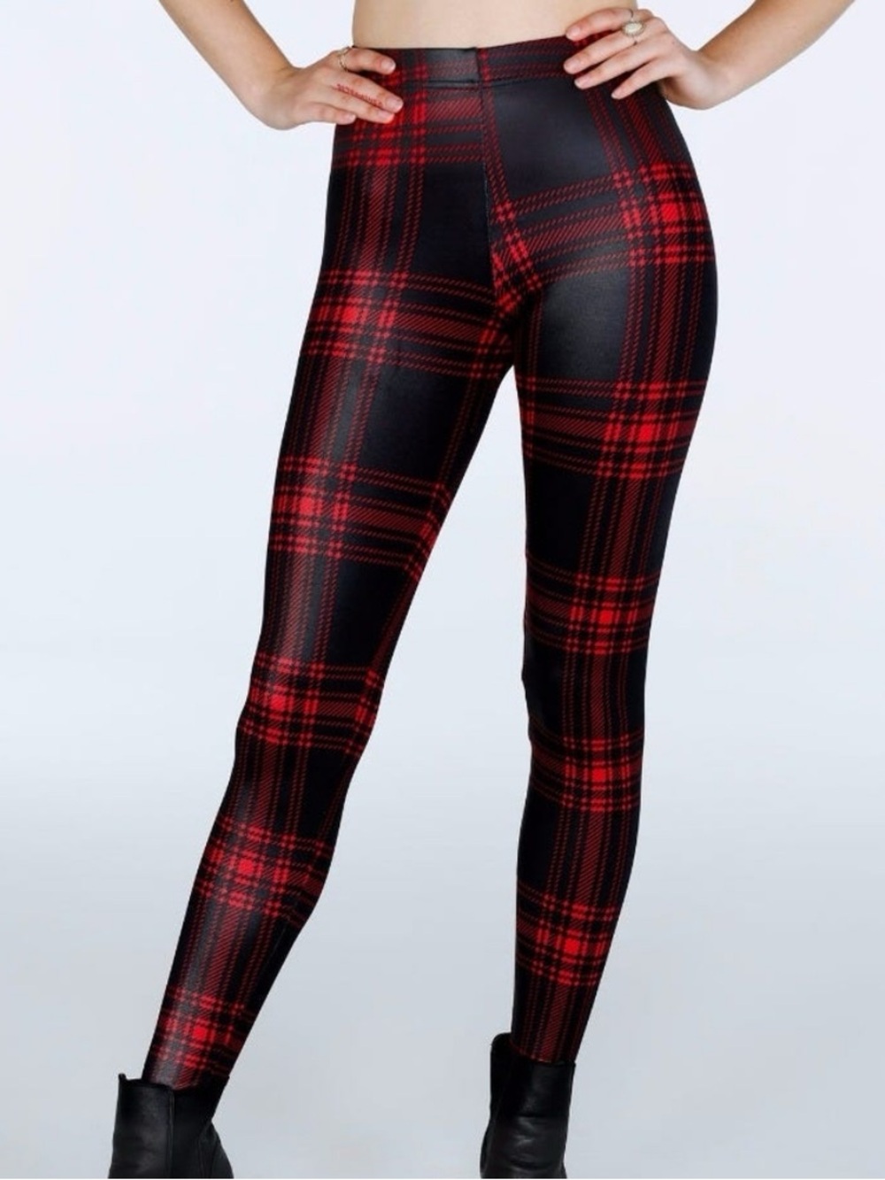 Blackmilk Red and Black Wet-look Tartan Leggings sz XL